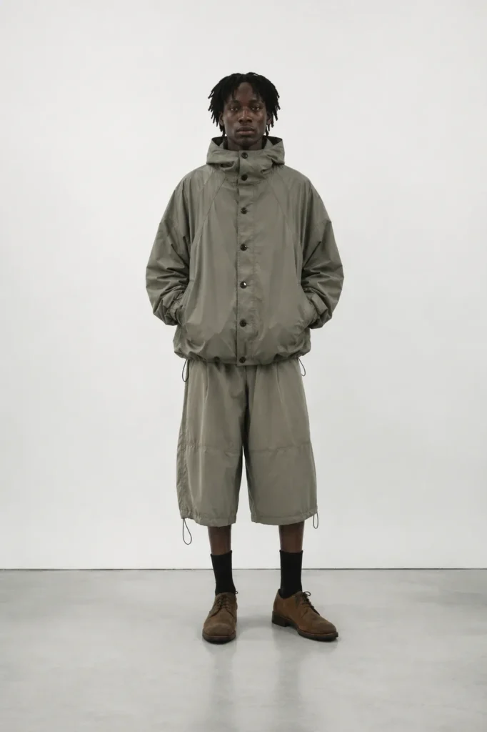 Mandlig model iført Orren Vale Mistral Hood Jacket i Sage Stone med matchende tekniske shorts, sorte strømper og brune lædersko.