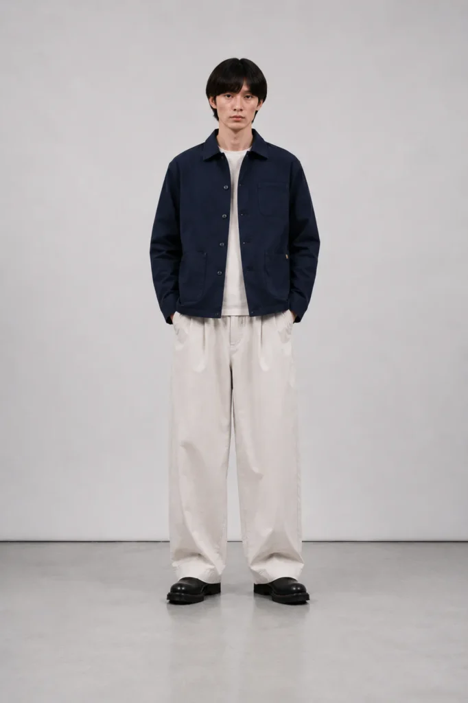 Mandlig model iført Forvay Studio Marlo Work Jacket i Midnight Navy med hvid T-shirt, lyse bukser og sorte lædersko.