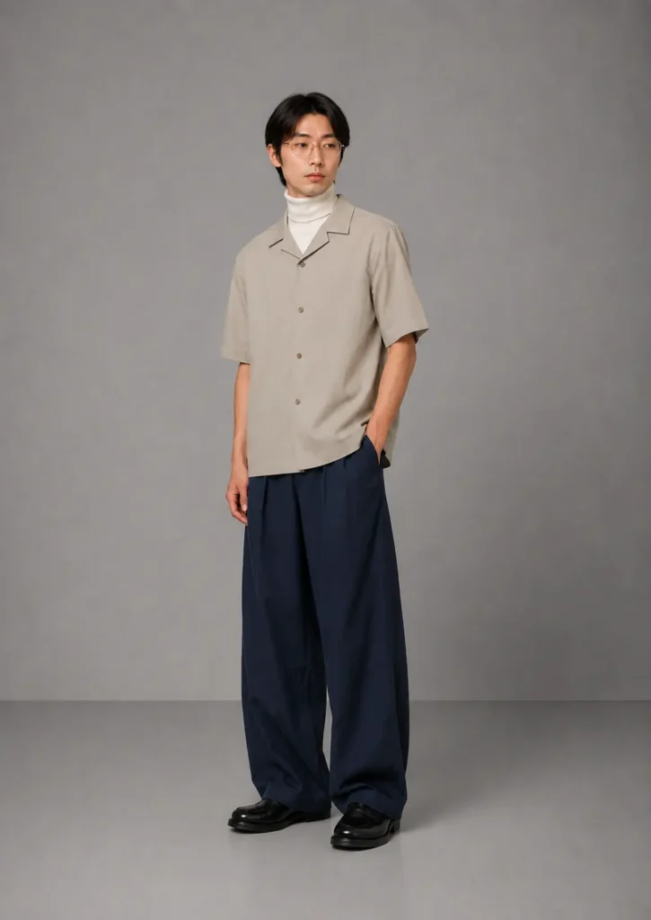 Model iført sandfarvet Aesthetik Veyra Sandweave Shirt forfra