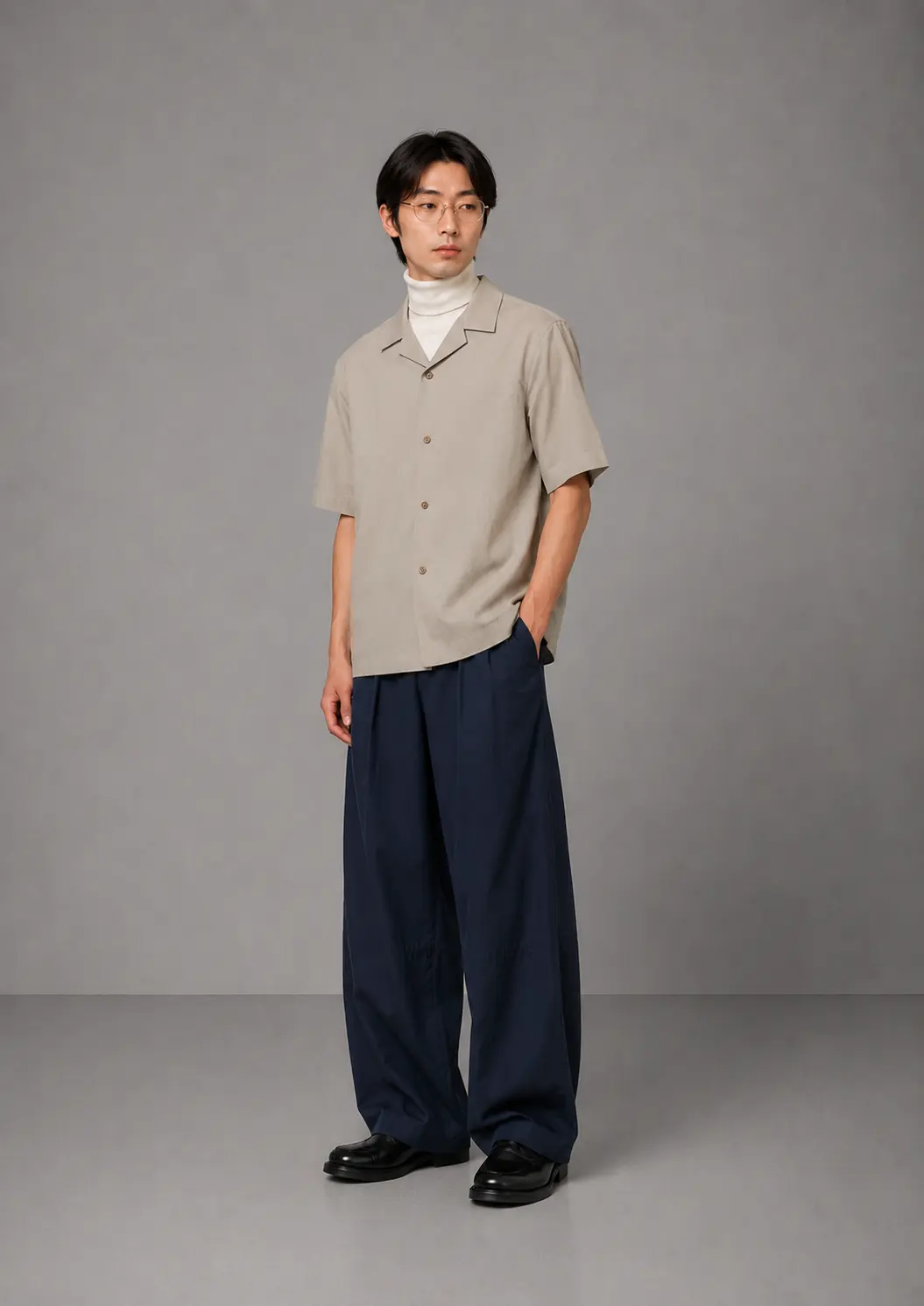 Model iført sandfarvet Aesthetik Veyra Sandweave Shirt forfra