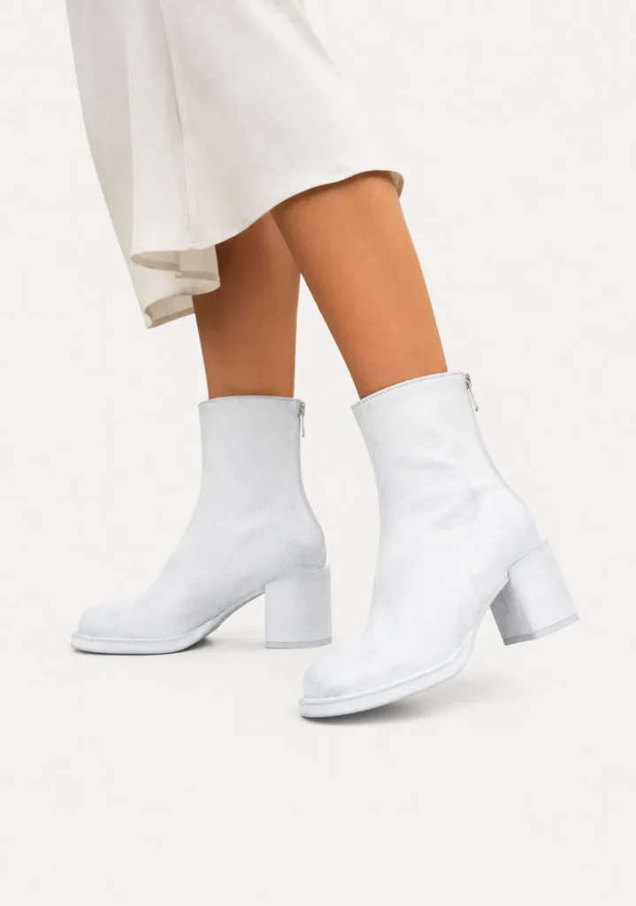 Model iført Lunelle Row Alméa Zip Boot i Chalk White med hvid nederdel, set fra siden.