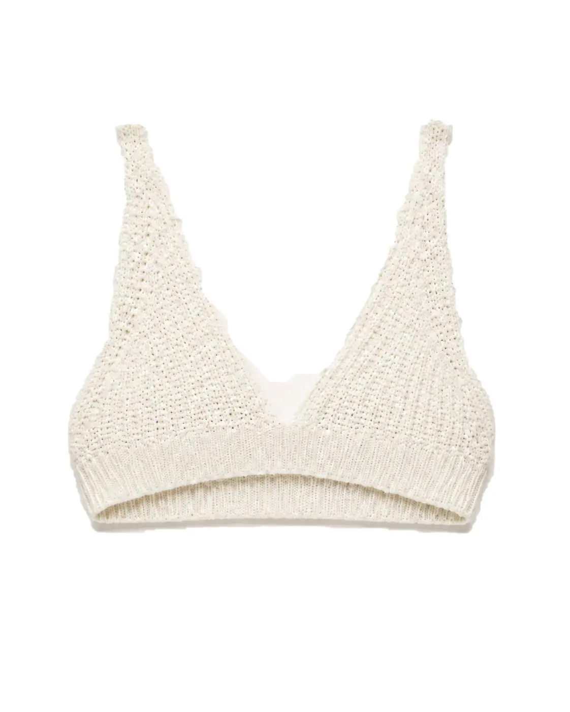 Nerelle Atelier Isola strikket bralette i cremehvid set forfra med V-udskæring, brede stropper og blød tekstur