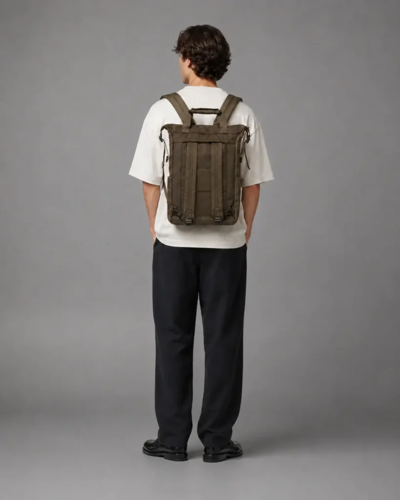 Model set bagfra med Nova Atelier Arven utility rygsæk i olivengrøn, hvid T-shirt og sorte bukser