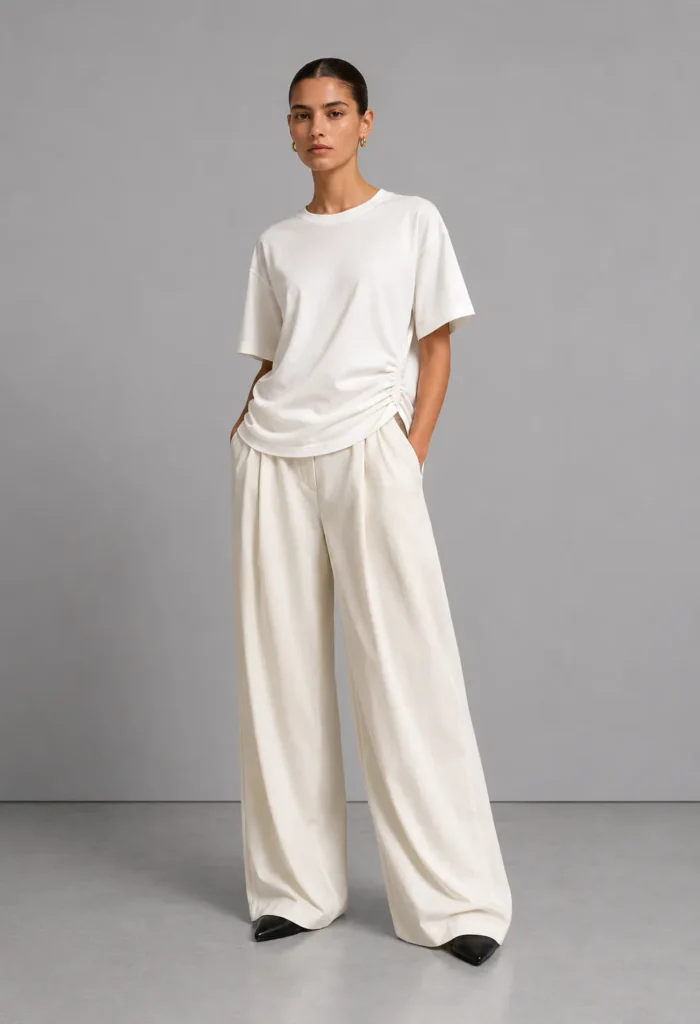 Selvani Atelier Mirelle Ruched Tee i soft ivory set forfra på model