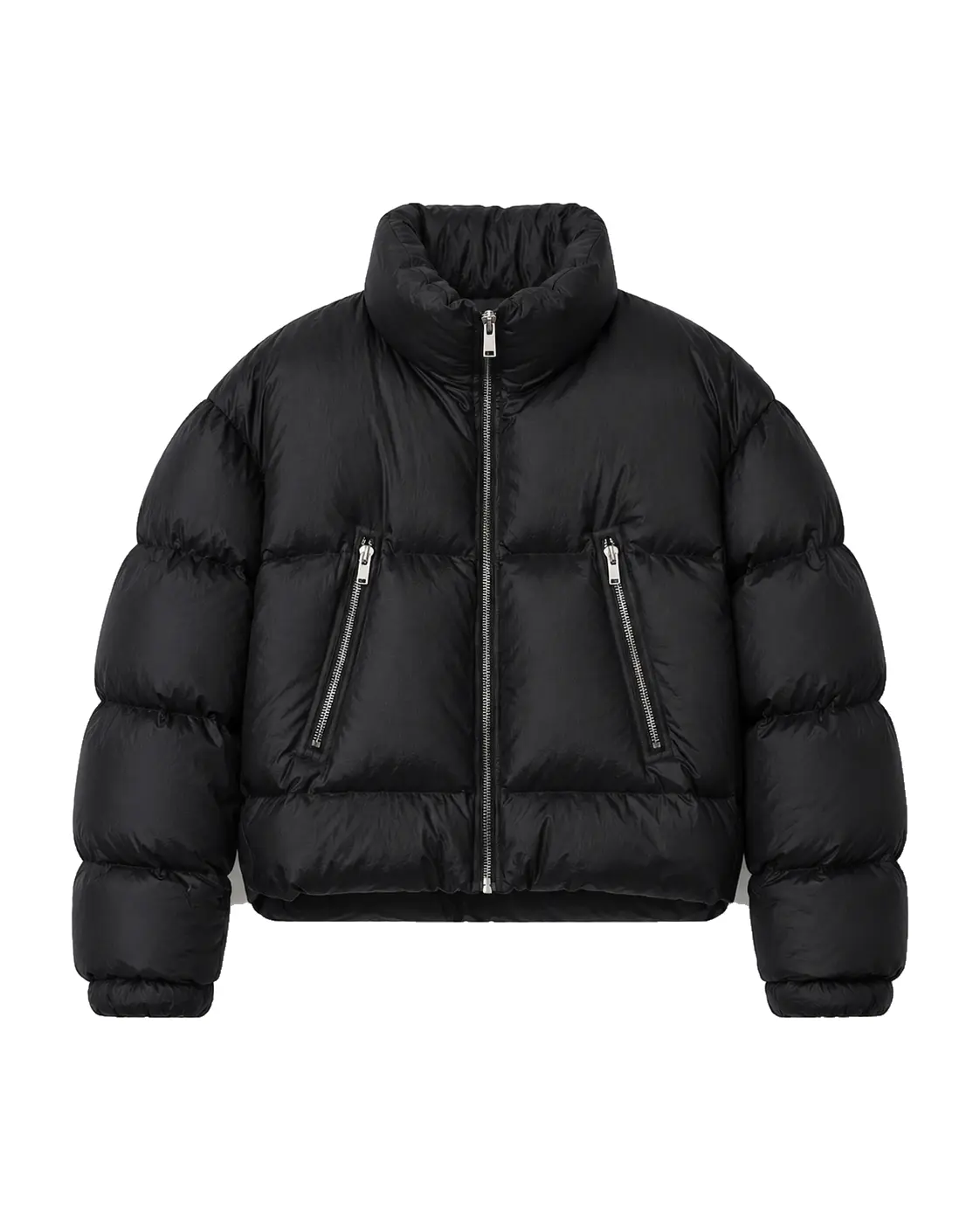 Sort pufferjakke fra Veyra Studio set forfra