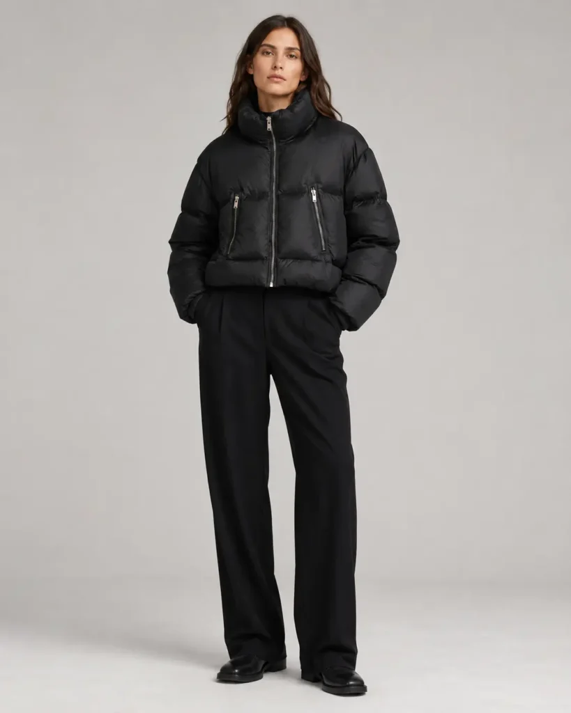 Model iført sort Veyra Studio Nocturne Cloud Puffer Jacket